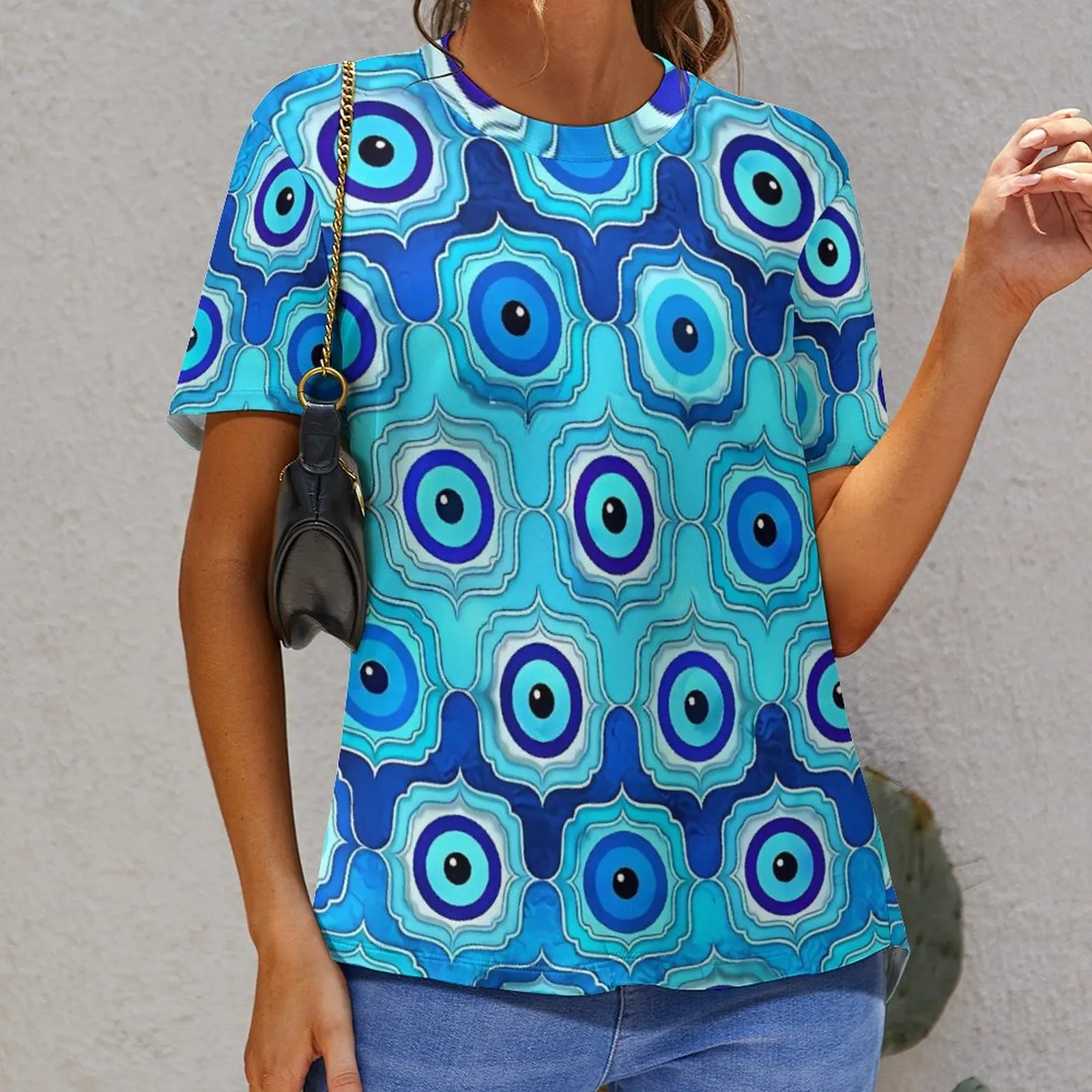 Female T-Shirt Evil Eye O Neck T-Shirts Short Sleeve Blue Glass and Silver Pretty Printed Tops Street Style Top Tees Large Size
