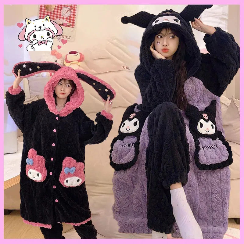 Anime Sanrioed Kuromi Pajamas Pants Set Women Kawaii Melody Coral Fleece Robe Winter Thickened Warm Female Flannel Home Clothes