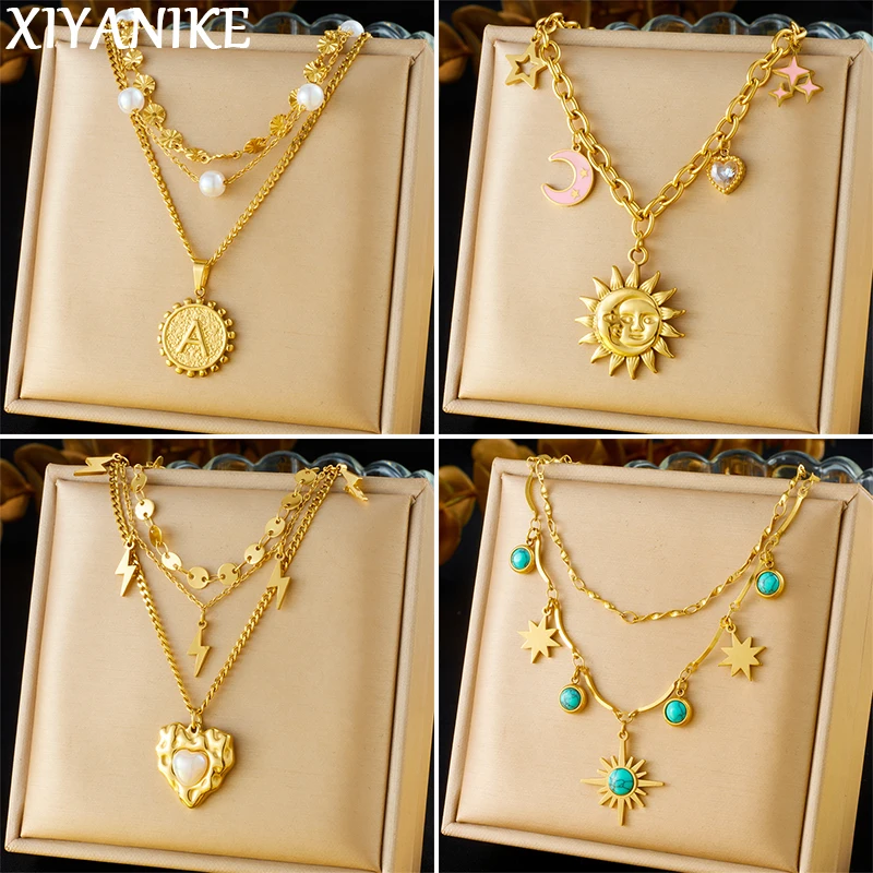 XIYANIKE 316L Stainless Pictographic Sun Face Pearl Heart Letter Moon Star Shaped Necklace Women Exquisite Charm Clavicle Chain