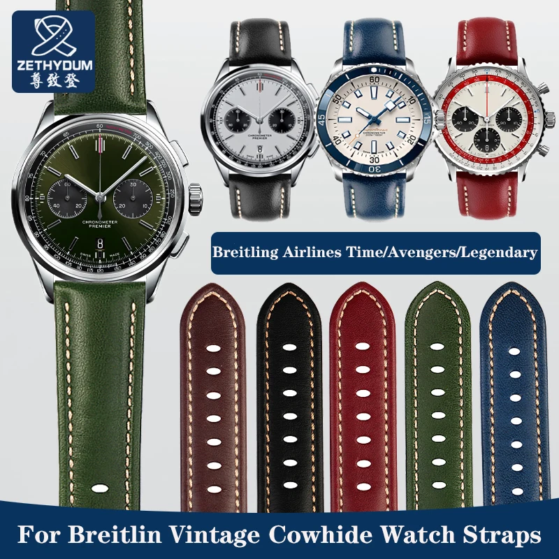 

Vintage Genuine Leather Watchband for Breitling Aviation Time Avengers Legendary Aviation Puya Retro Cowhide Watch Strap 22mm