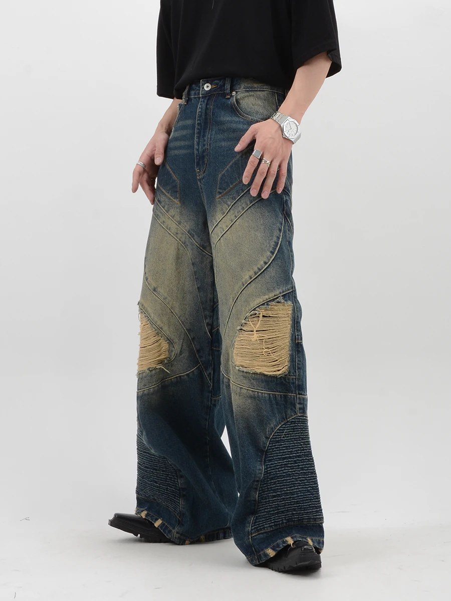 Heavy Vintage Wash Jeans Ripped three-dimensional Straight Pants Cut Men