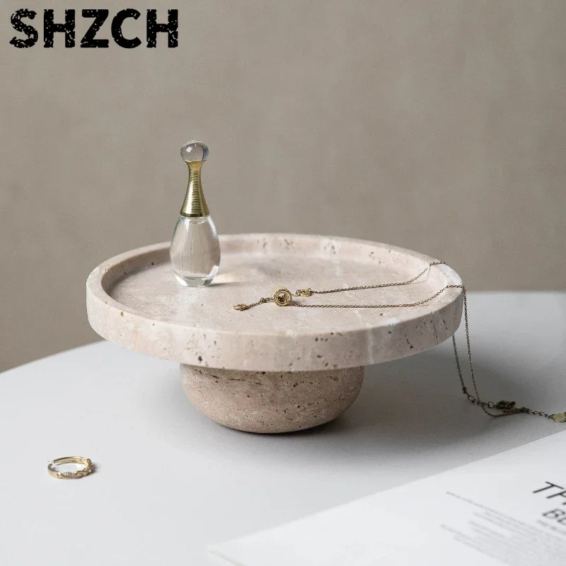 Natural Travertine Fruit Bowl with Stone Pedestal Modern Stone Decorative Travertine Bowl for Kitchen Counter, Entryway