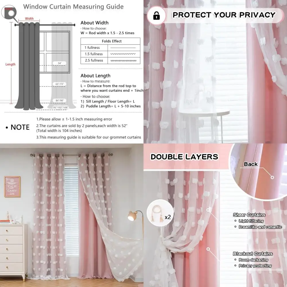 

Длинные двухслойные розовые шторы 84 дюйма с помпонами для спальни девочки, детской комнаты, комнаты для детей - затемняющие шторы для уединения 52x84