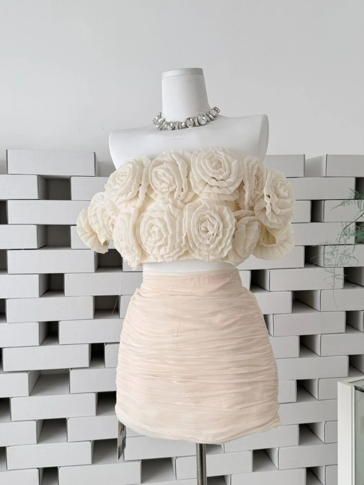 

Three dimensional floral off shoulder short style strapless top short skirt two-piece set women's summer new high luxury set