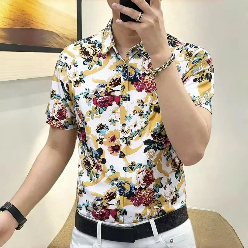 Men's Printed Short Sleeve Shirt Summer Casual Wrinkle-Free Premium Quality for Middle-Age Youthful Look