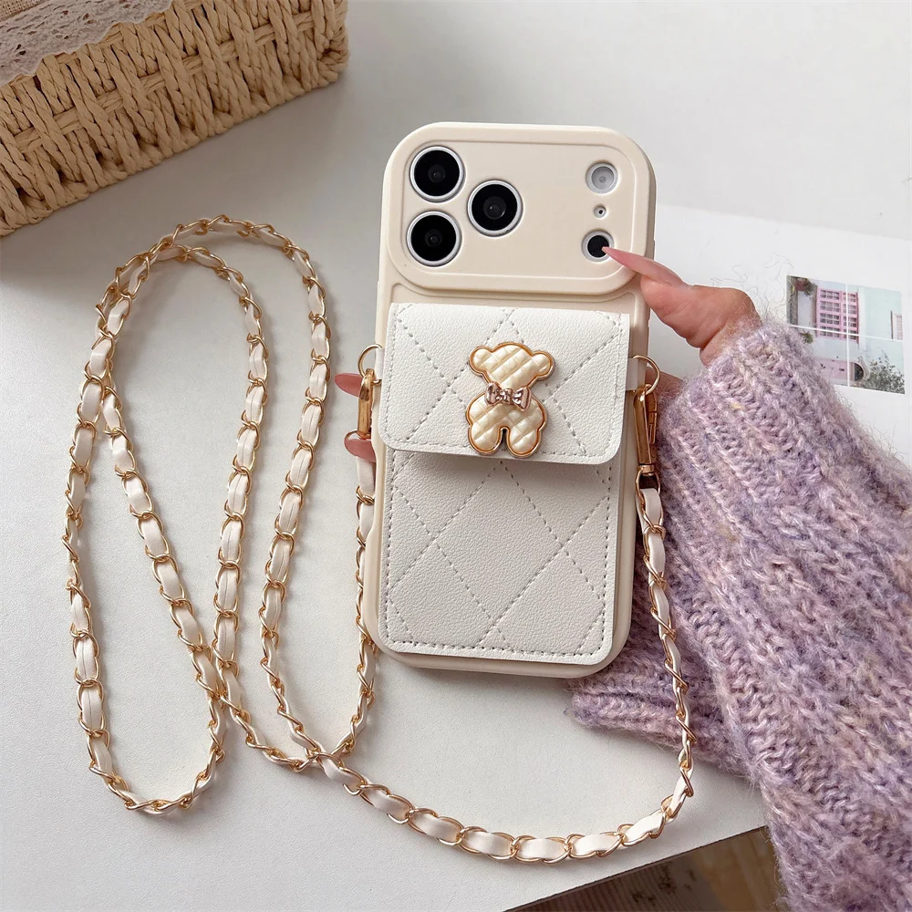 

Luxury Cute Bear Quilted Wallet Phone Case for iPhone 17 Pro Max PU Leather Card Slot Cover for iPhone 16 15 14 13 with Strap