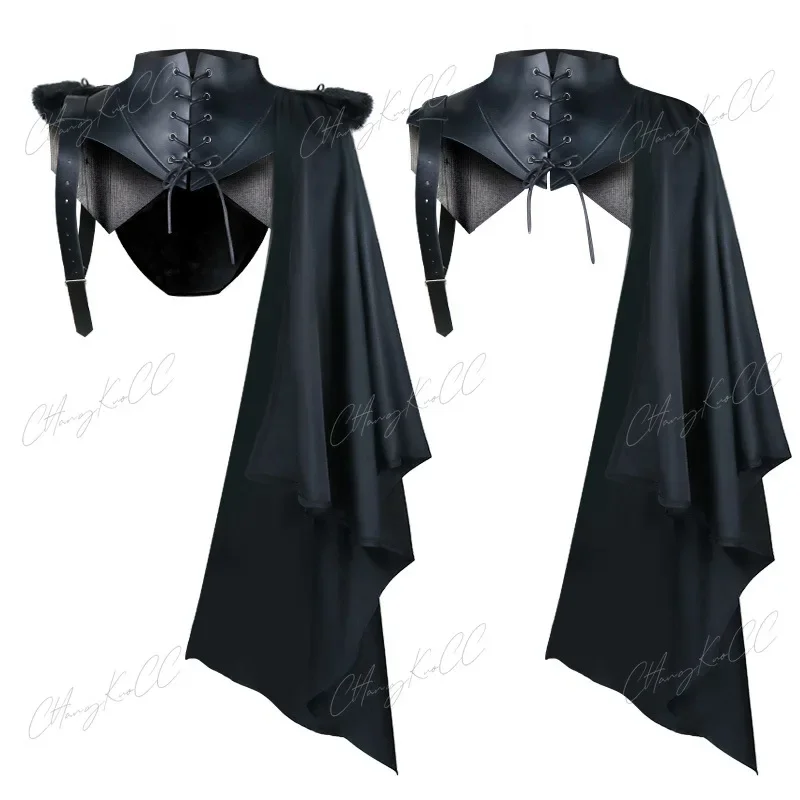 Middeleeuwse Feest Anime Cosplay Kostuums Mannen Gothic Ridder Enkele Mouw Sjaal Pantser Viking Piratenmantel Capuchon Soldaat Tops