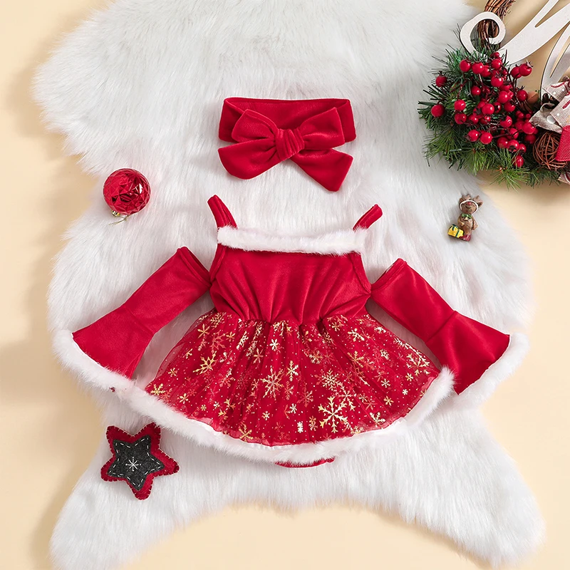 

Baby Girls 2Pcs Christmas Outfits Long Sleeve Tulle Romper Dress with Headband Newborn Fall Clothes