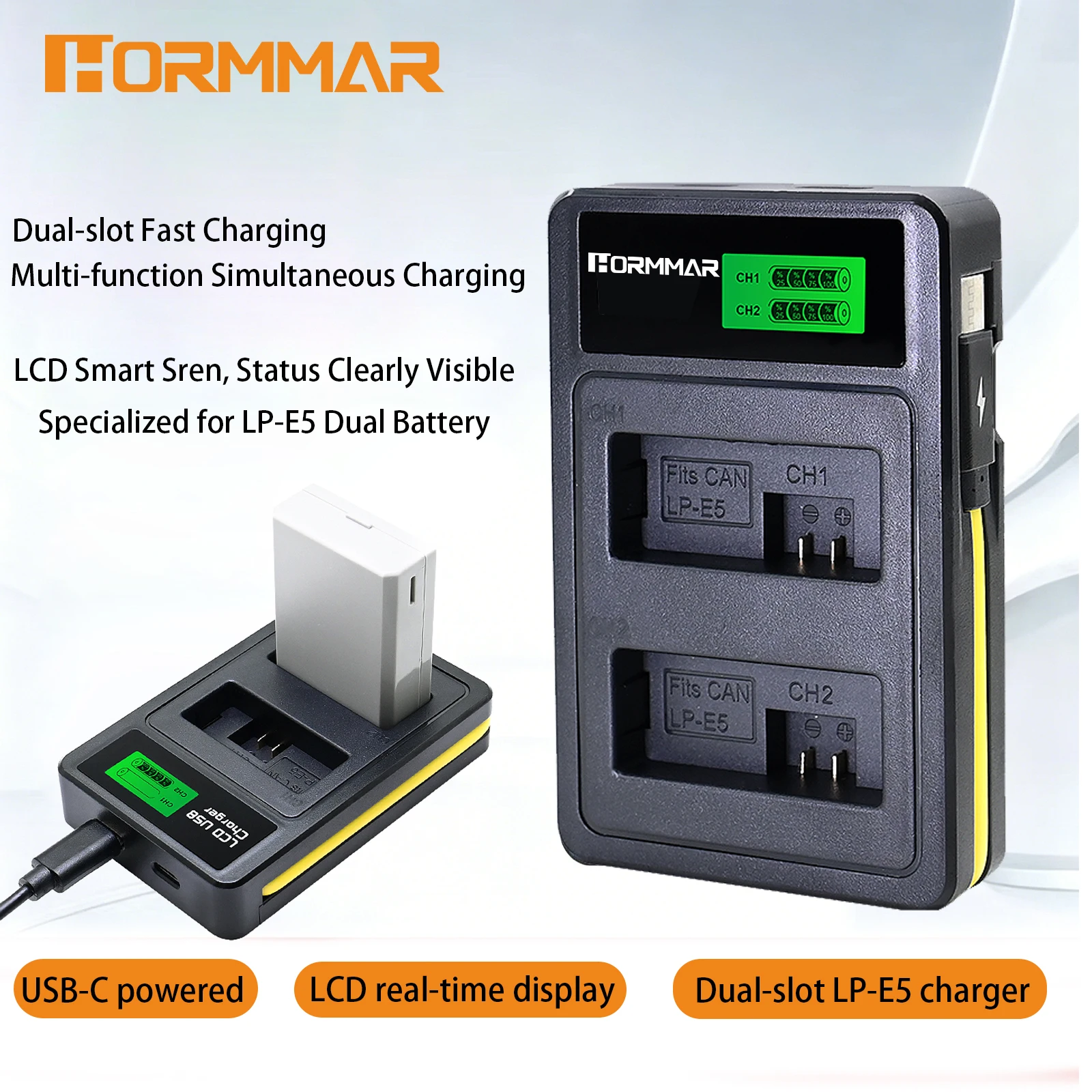

Dual Slot LP-E5 Battery Charger LCD Screen USB-C Fast Charging Portable Camera Charger For Canon 450D 500D 1000D