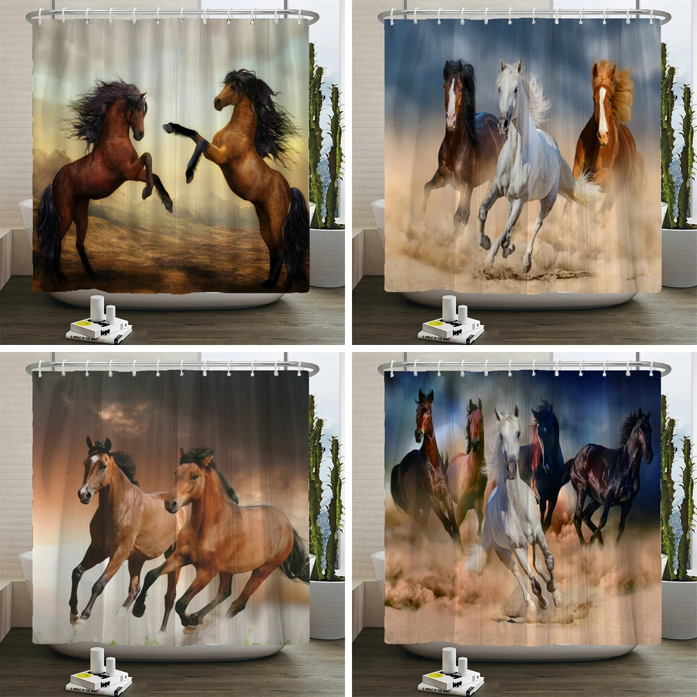 

Running Horse Shower Curtains Bathroom Curtain With Hooks Decor Waterproof Animal Bath Polyester Fabric 3D Cortinas De Ducha