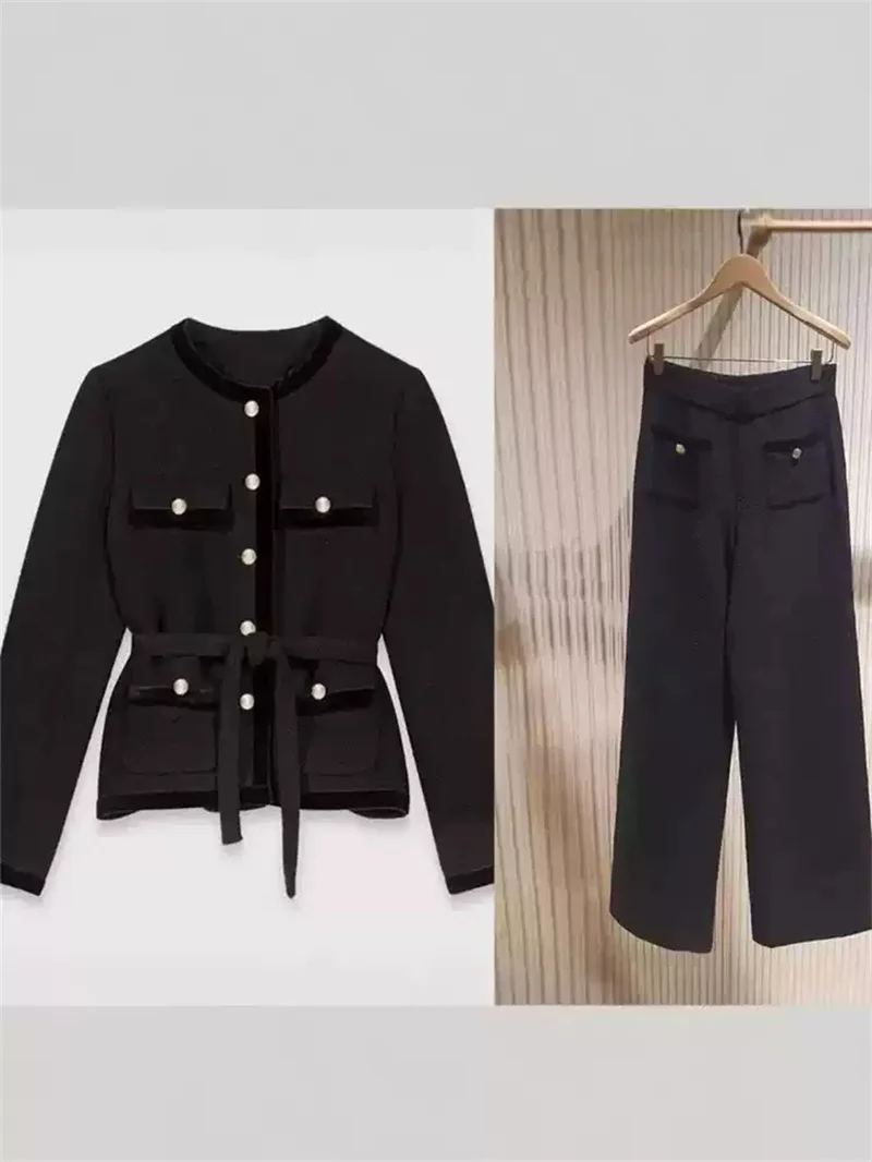 Black Women Trim Lace-Up Coat Single Breasted O-Neck Velvet Top or Wide Leg Long Pants