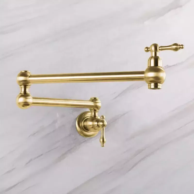 YYHC-Wall Mount Brushed Gold  Brass Folding Pot Filler Dual Handle Kitchen Faucet Stretchable Mixer Tap