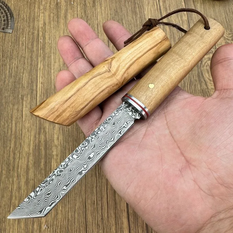 Damasco Tanto Blade Knife Olive Wood Handle Estilo Japonês Canivete Camping Ferramenta Edc Tactical Facas Militares Gift Box Vg10