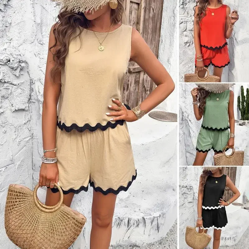 

New Fashion Ladies Summer Casual Shorts Suit Round Neck Vest Sports Pants Lines Decoration Set for Women 2 Pieces