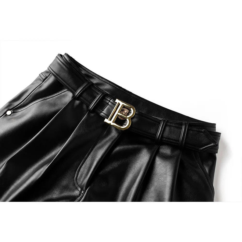 TIFICY High Street Hot Shorts Women's Summer New Belt Buckle Strap PU Leather Shorts Pants  Women Clothing