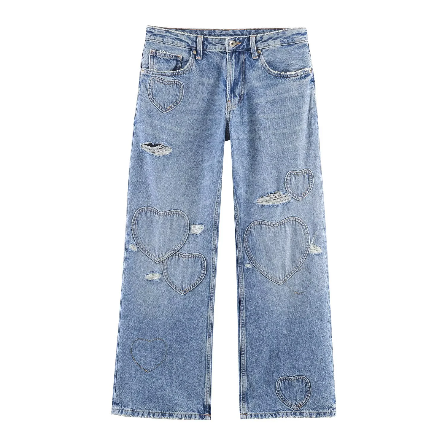 

2026 Spring/Summer New Product Women's Loose and Versatile Mid Waist Heart Patch Boyfriend Style Straight leg Jeans
