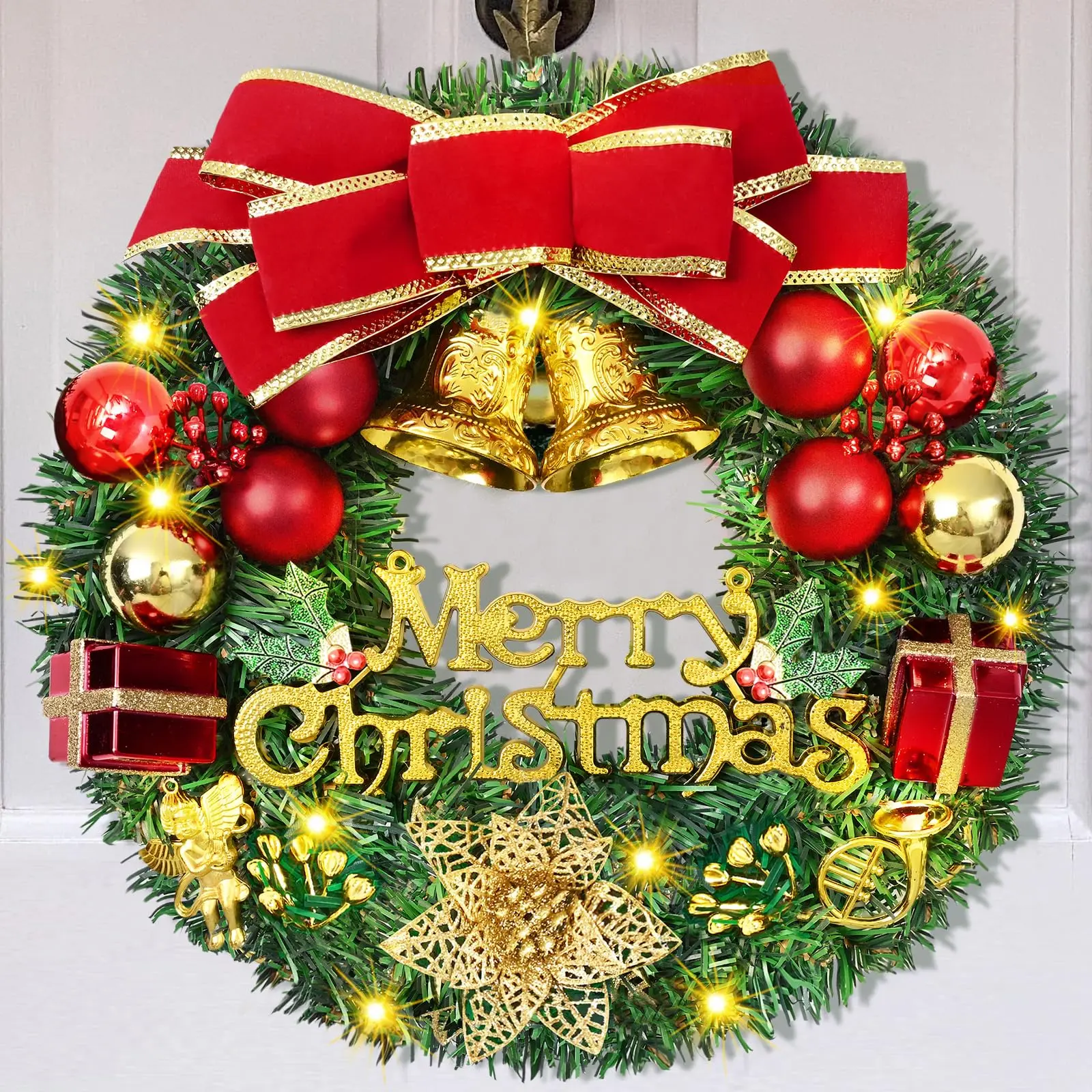 

Christmas Wreath Xmas Door Garland Hanging Oranments With Bowknot Bells Poinsettia Christmas Balls Home New Year Navidad Decor
