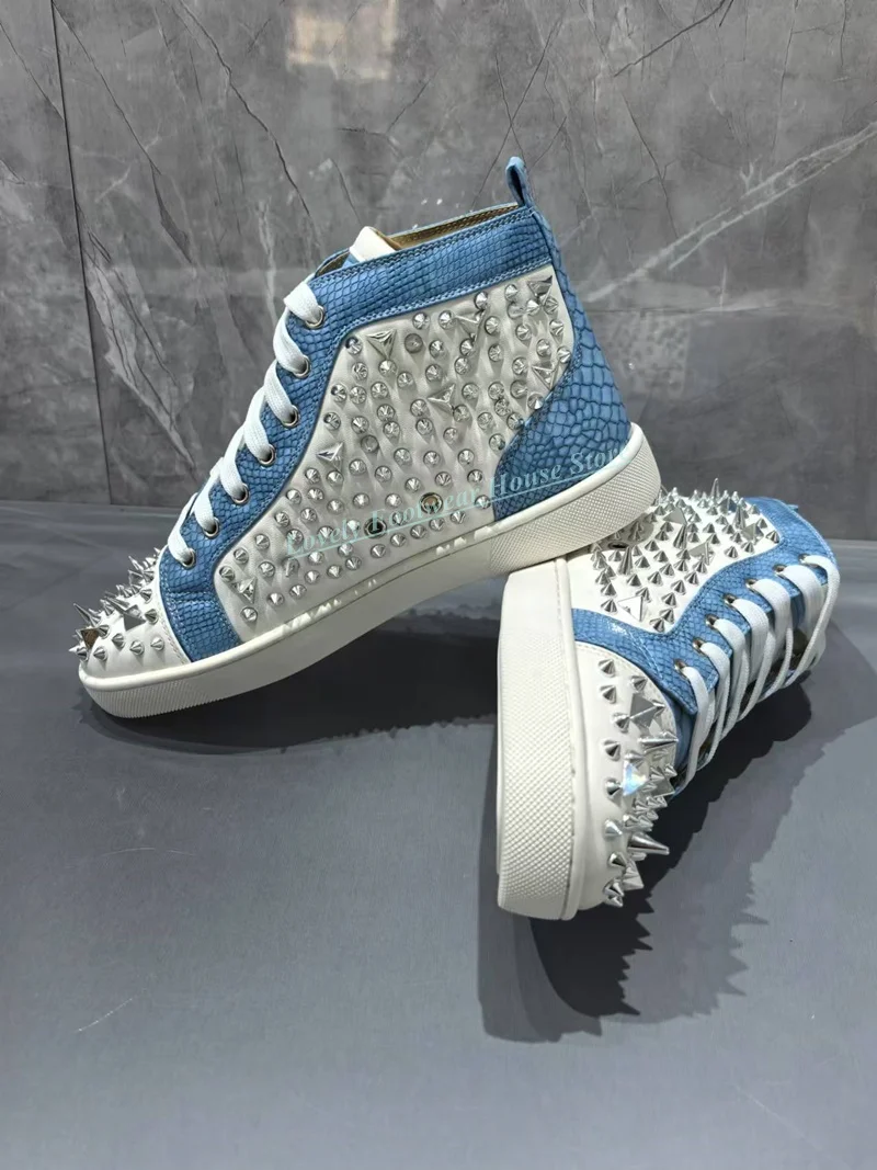 

Luxury Spike Woman Man Lovers Ankle Boots Lace Up Round Toe Flat Heel Female Men Silver Rivet White Blue High Top Boots Shoes