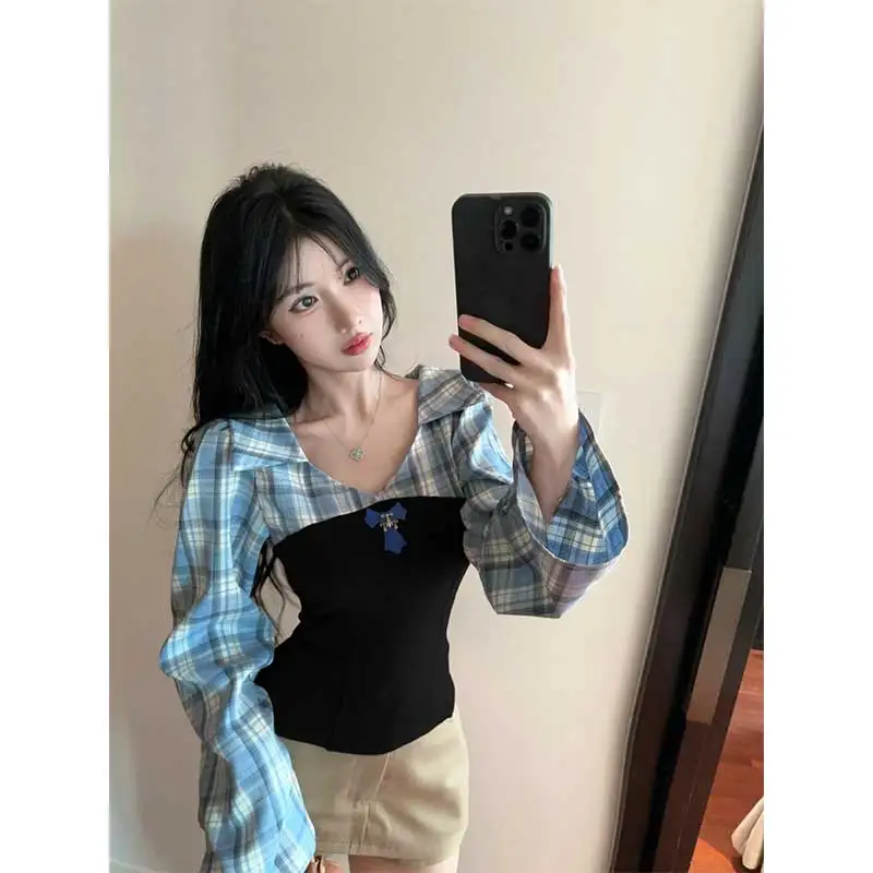 

women clothing Spring Autumn Fashion Plaid patchwork Color blocking Polo collar Female Appear thin