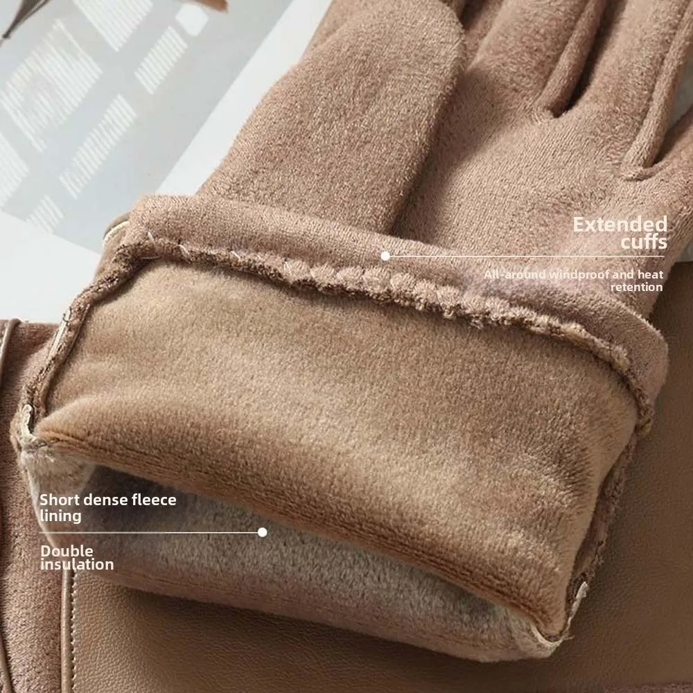 Fleece Lined Leather Gloves Elegant Style Metal Buckle Touchscreen Gloves Soft Lining Anti-splash Water Winter Mittens Driving
