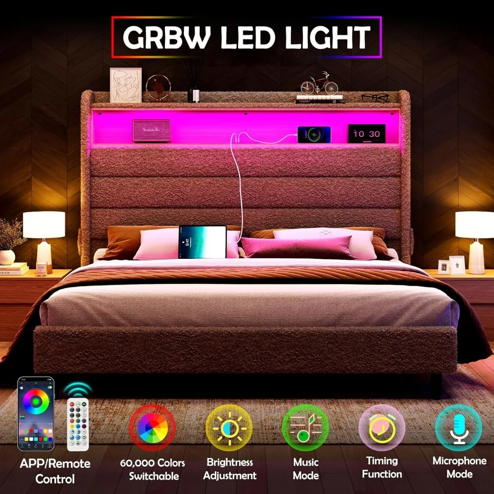 Cama com cabeceira alta e luzes LED, estação de carregamento, plataforma estofada, Wingback, sem Box Spring