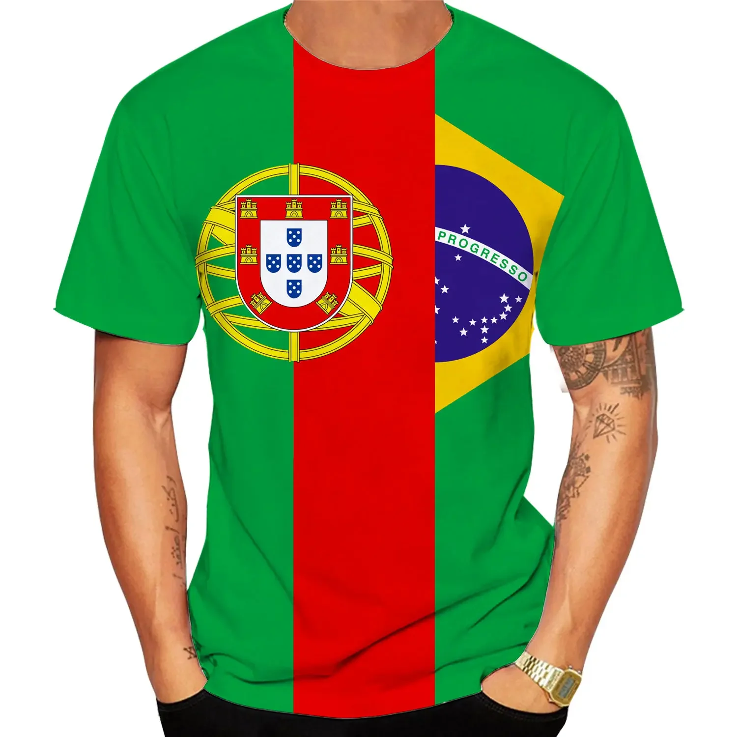 2024 New Fashion Portugal and Brazil Flag 3d T Shirt Men/Women Casual Round Neck Short Sleeve Sports T-shirt