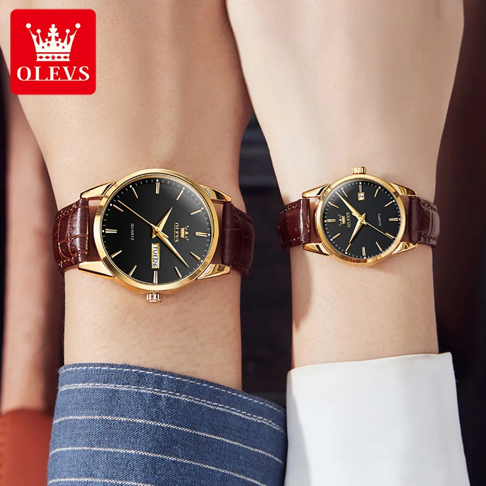 Olevs 6898 Origineel Paar Quartz Horloge Luxe Mode Waterdicht Licht Ademend Lederen Band Elegant Paar Quartz Horloge