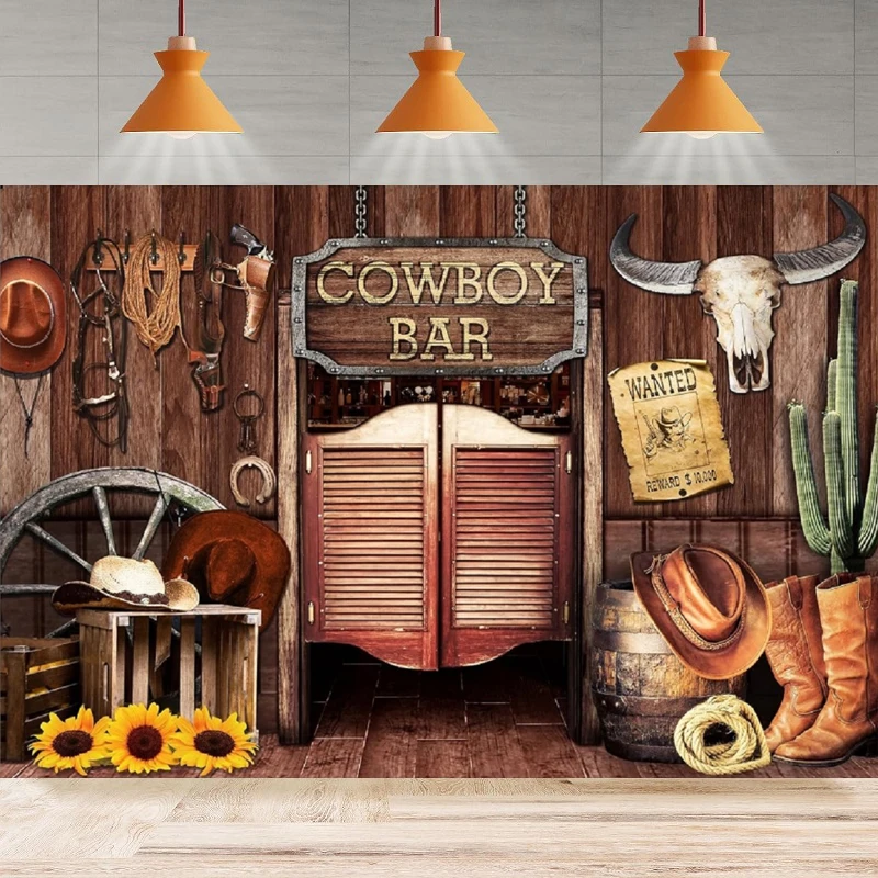 Photography Background Farmhouse Kids Western Cowboy Bar Wood Barn Door Rustic Sunflower Cactus Birthday Party Backdrop Wall