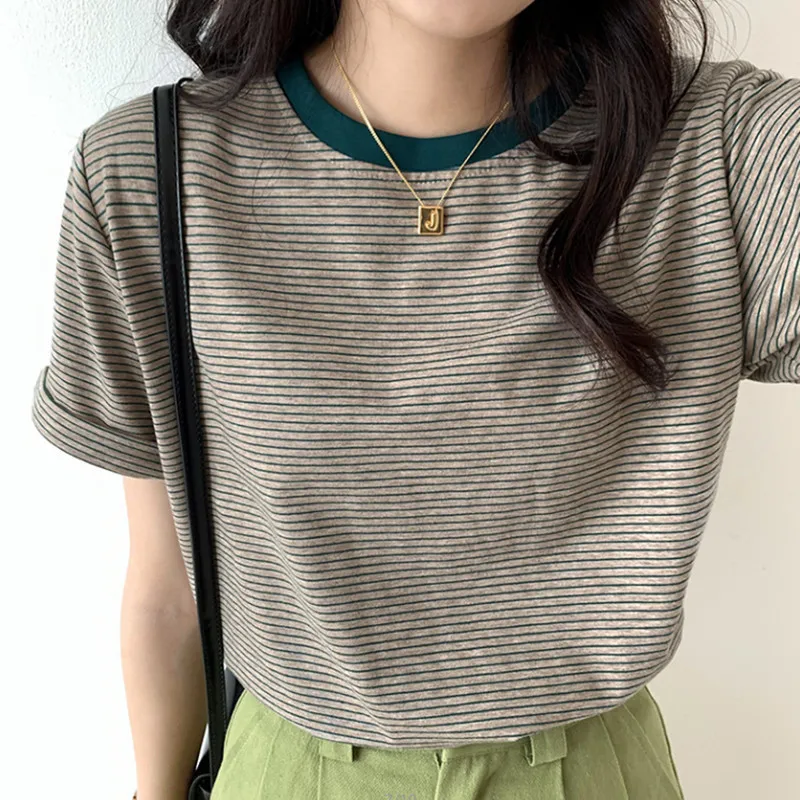 

Striped T-Shirt Short Sleeved Summer Outfit New Round Neck Loose And Stylish Minimalist Student Top