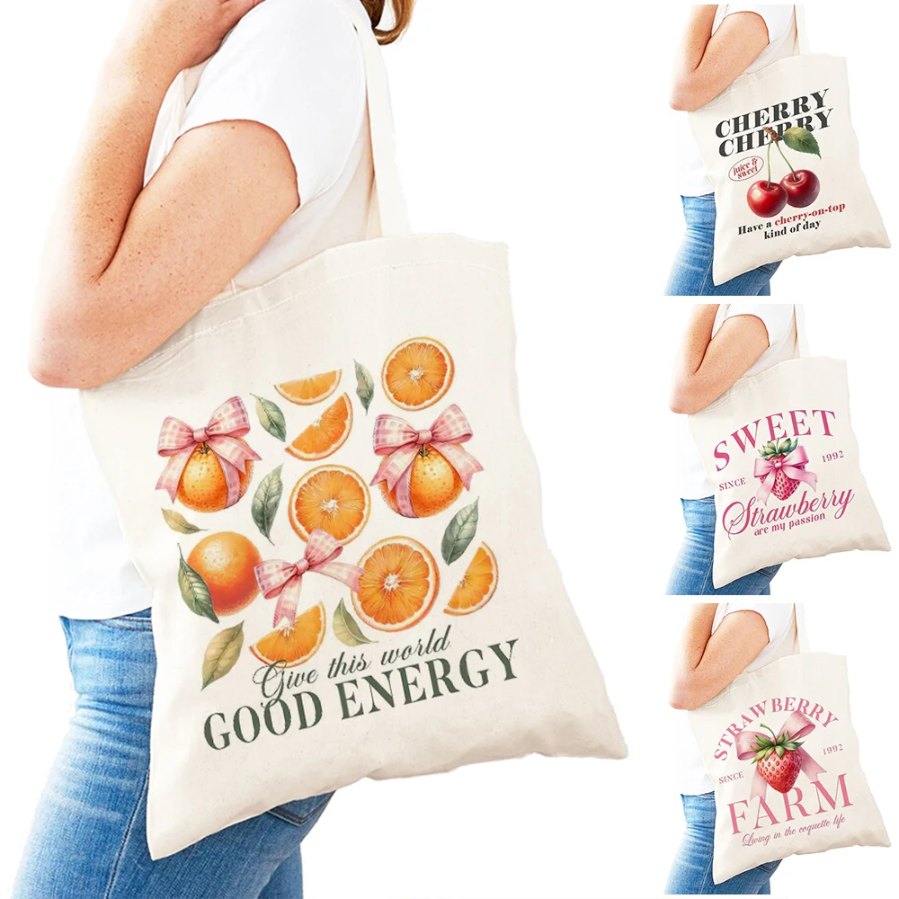 

Cartoon Orange Bow Lady Shopper Bags Juicy Cherry Women Shoulder Handbag Double Print Sweet Strawberry Girl Shopping Bag