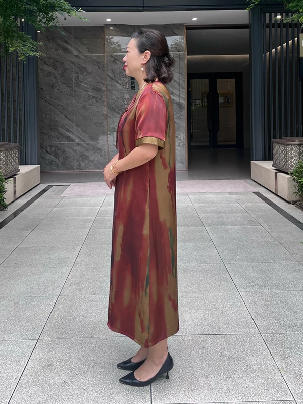 2025年新作-大きいサイズ-シルク-ママ向け-半袖ワンピース-大きめサイズ-中華風-中高年女性向けワンピース-純正シルクスカート