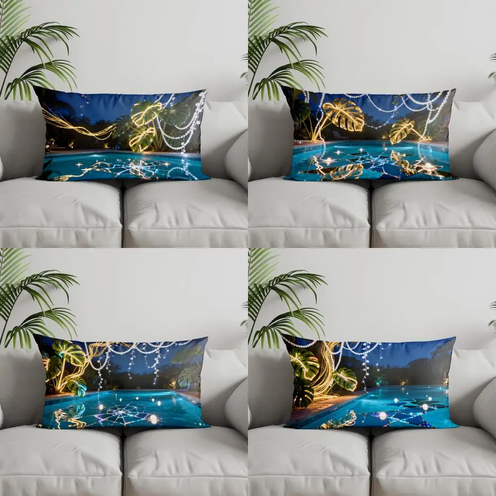 Funda de cojín rectangular con luces de cadena para sofá, dormitorio, coche, cojín de respaldo, diseño 2D para la noche junto a la piscina