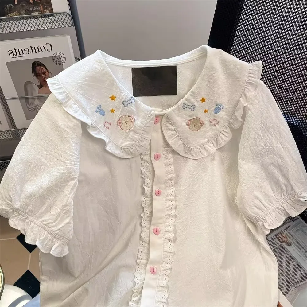 Camicette Lolita carine giapponesi Kawaii Donna Vintage Dolce studentessa Camicie con colletto alla Peter Pan in pizzo Ricamo primaverile Y2k Top Mujer