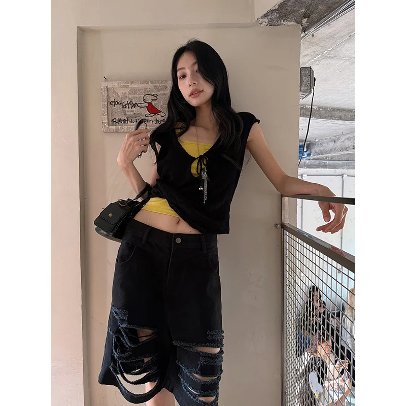 Benuynffy Camouflage Print Ripped Denim Shorts Women 2026 Summer New American Streetwear Mid Waisted Loose Wide Leg Half Pants view 3