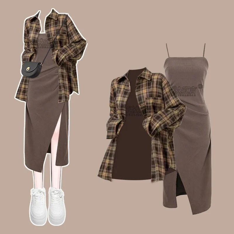 2024 Autumn Y2K Streetwear Two Pieces Set Korean Casual Vintage Plaid Oversized Shirts+irregular Sling Dresses Sets For Women