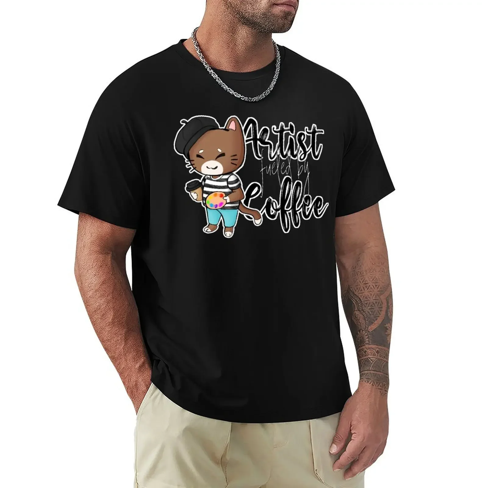 Artist cat fueled by coffee T-Shirt blacks cute tops new edition Men's t-shirts