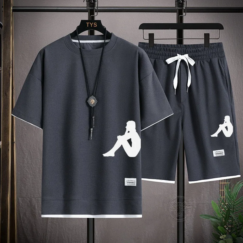 

Summer Men's Waffle Short-sleeved T-shirt Shorts Set Breathable Casual Shorts Two-piece Set Comfortable Printed Sportswear M-3XL