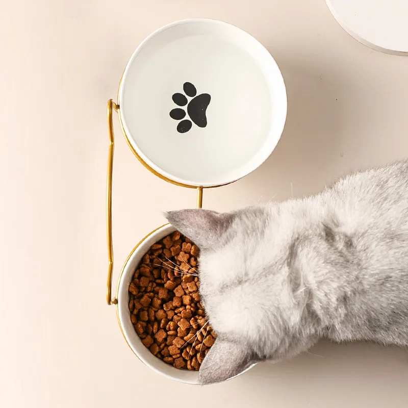 Ulmpp Cat Double Bowl with Stand and Mat Pet Kitten Puppy Ceramic Food Feeding Dish Metal Elevated Water Feeder Dog Supplies