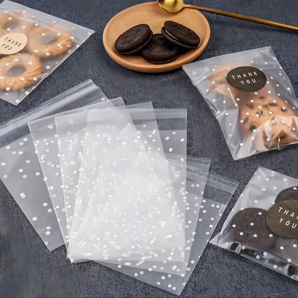 100Pcs Plastic Transparent Cellophane Bags Polka Dot Self Adhesive Candy Cookie Bags for Jewelry Gift Packaging Party Decoration