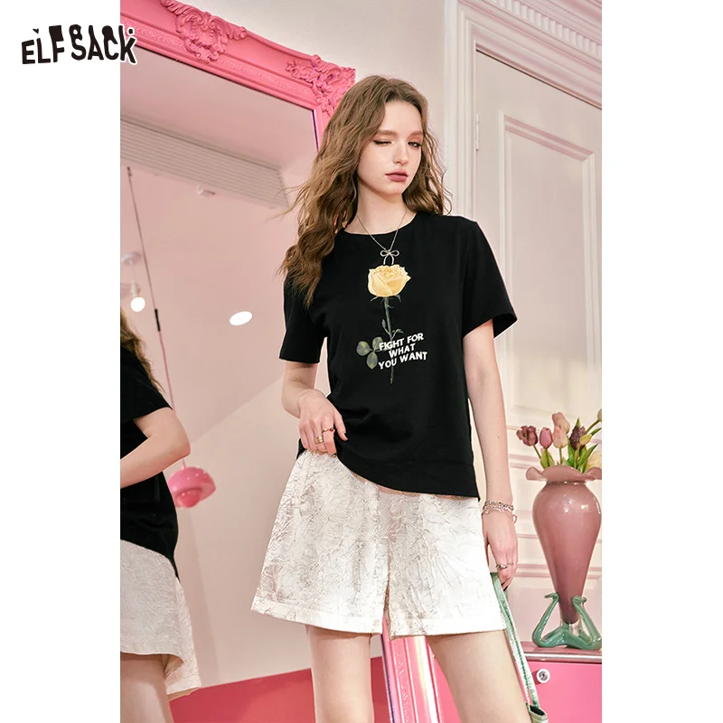 ELFSACK Black Loose Short sleeved T-shirt Women\'s 2024 Summer New Versatile Top