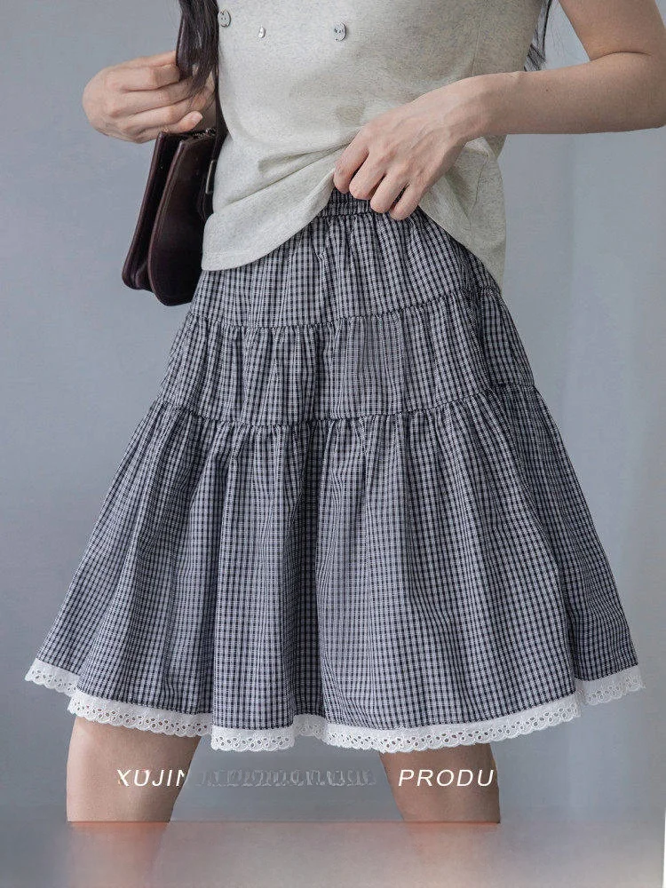 

Юбка с высокой талией, клетчатая, с кружевными вставками, дизайнерская, для повседневной носки, летняя, модная, полуюбка для женщин