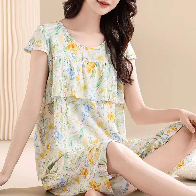 

Pajama Sets Women's Summer Thin Short-sleeved Shorts Home Clothes Pajama Korean Printing 2-piece Set Style Two Sleep Kawaii Wear