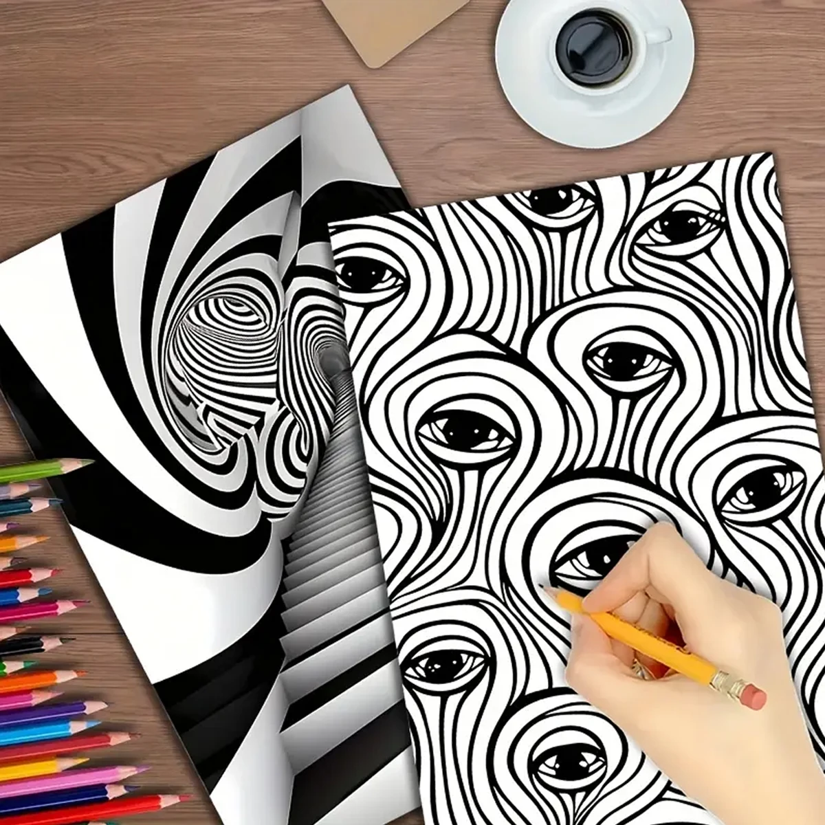 Stereoscopic Sense Op Art Coloring Book for Teens & Adult Artists, Trippy 3D Tunnel Spiral Checkered Optical Illusion Line Drawing Activity Book, Intricate Abstract Geometric Pattern Thick No Bleed Paper Art Workbook, Great Gift for Graphic Design