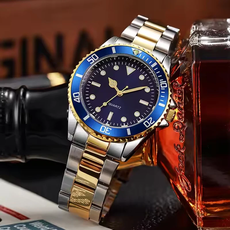 2025년 신제품 남성용 방수 발광 쿼츠 시계 회전 가능한 베젤 달력 스포츠 손목시계 스테인리스 밴드 시계