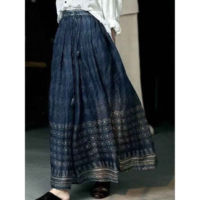 

Женская длинная юбка макси с этническим принтом, высокой талией, на шнурке, плиссированная, в богемном стиле, с отделкой по низу