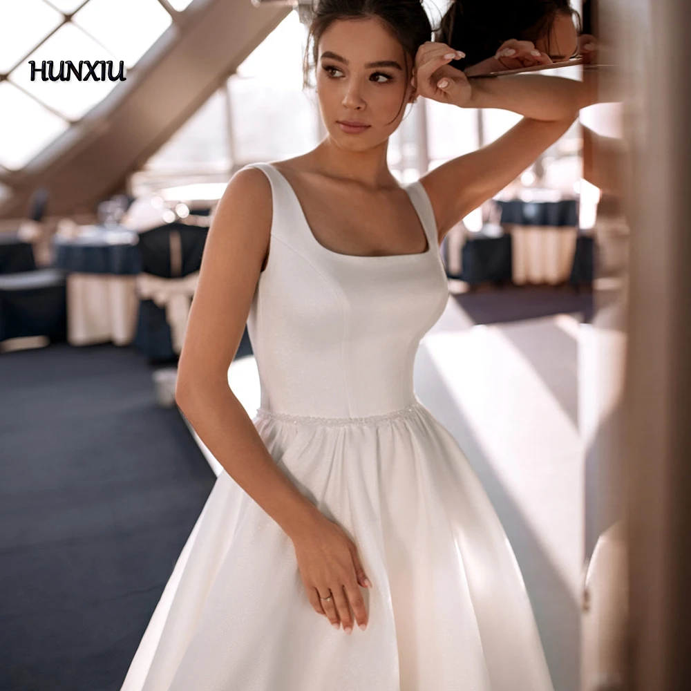 White Satin Square Collar Wedding Dress Shoulder Strap Sleeveless Beaded Belt Bride's High-end Spring and Autumn Bridal Gowns