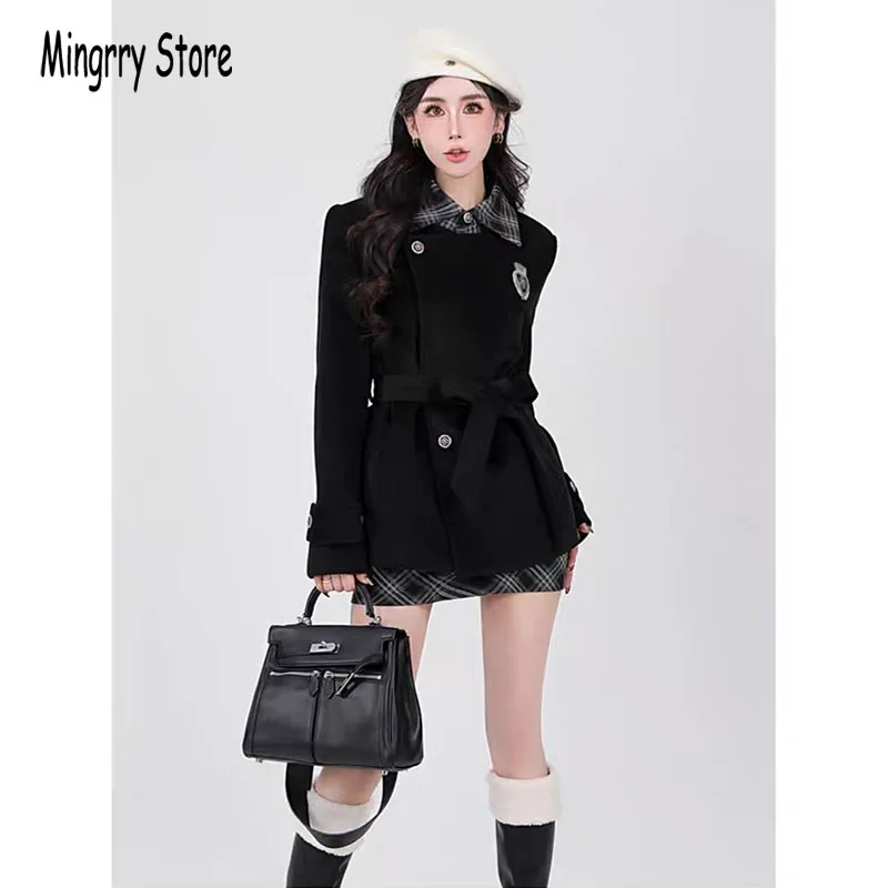 

Модный женский костюм в британском студенческом стиле с тонкой талией и завязками на талии + клетчатая мини-юбка, зимняя корейская элитная новая женская офисная одежда