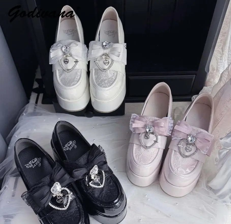 Original Japanese Mine Thick-Soled Leather Shoes for Girls and Women Subculture Rhinestone Bow Loafers Pump Shoes