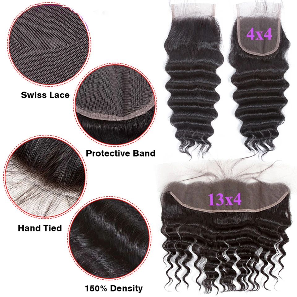 Loose Deep Wave Bundles With Closure Frontal HD 4X4 13X4 Lace Frontal Closure And 3/4 Bundle Deal 100% Yaki Human Hair Extension