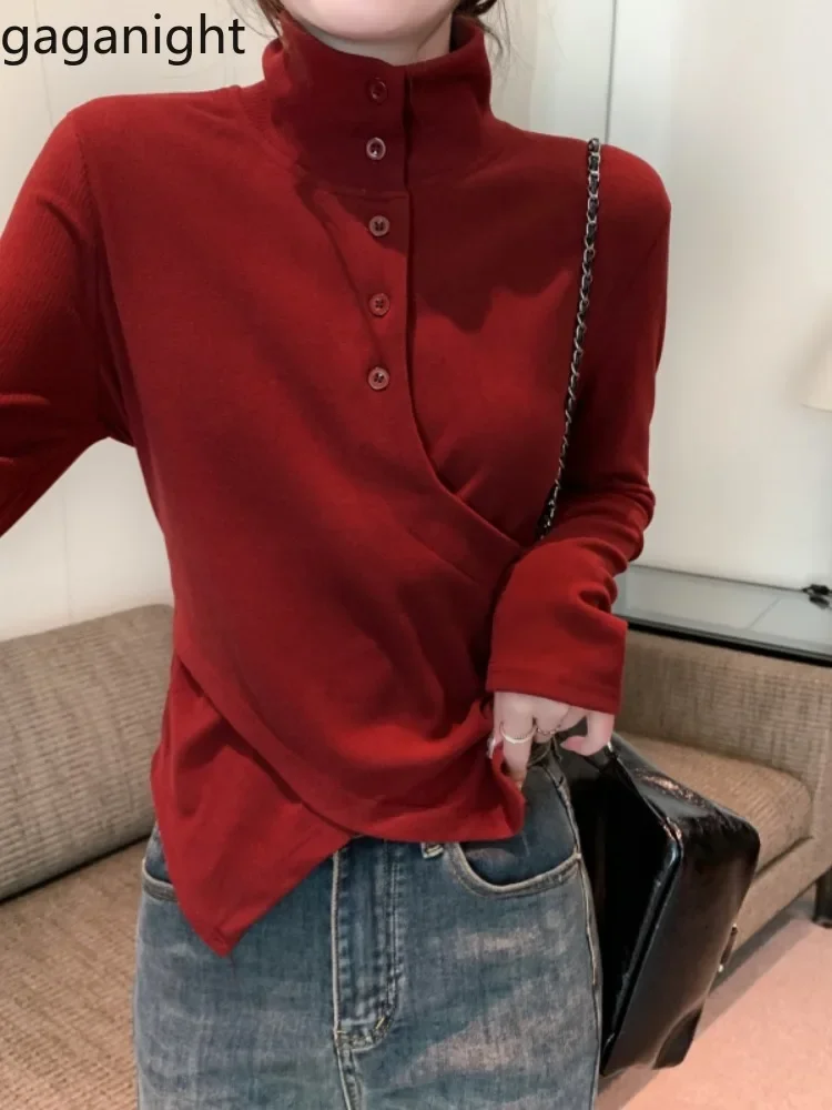 Gaganight Women Retro Style Stand Up Collar Brushed Base Shirt 2024 Early Autumn New Slim Fit Temperament Long Sleeved T-shirt